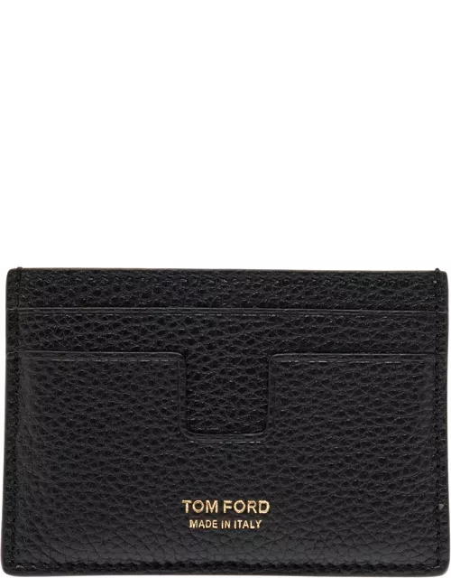 Tom Ford Black T Line Card-holder With Gold-colored Embossed Logo In Grainy Leather Man