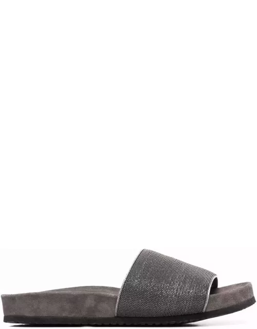 Grey Suede Slide Sandals With Monile Detail Brunello Cucinelli Woman