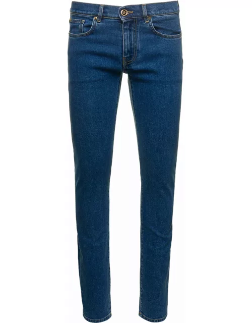 Versace Blue Fitted Jeans With Logo Embroidered And Botton In Cotton Blend Denim Woman