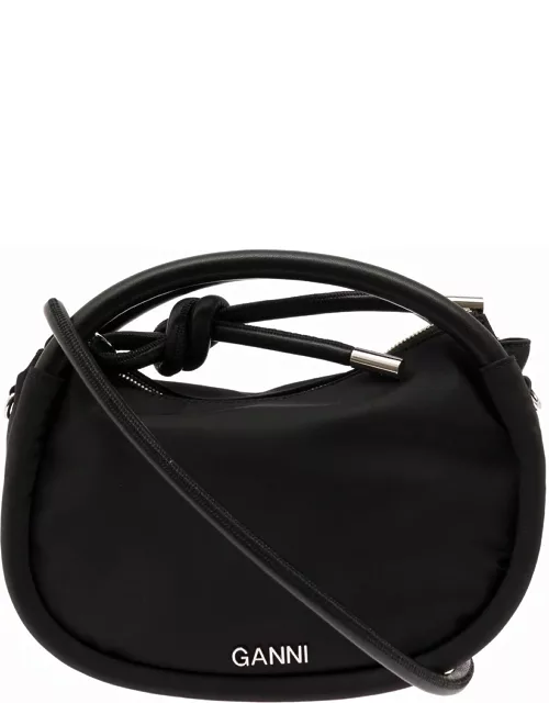 Ganni knot Mini Black Shoulder Bag With Logo And Knot Detail In Recycled Fabric And Leather Woman