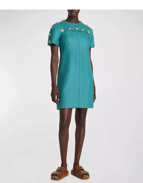 Embellished Short-Sleeve Textured Wool Mini Dres