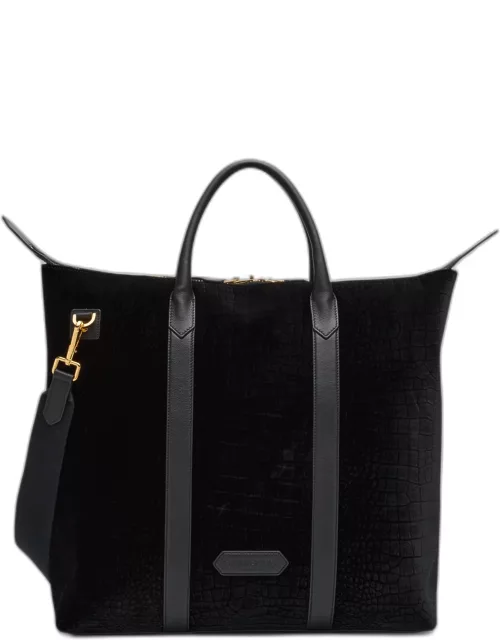 Men's Croc-Effect Velvet and Leather North/South Tote Bag