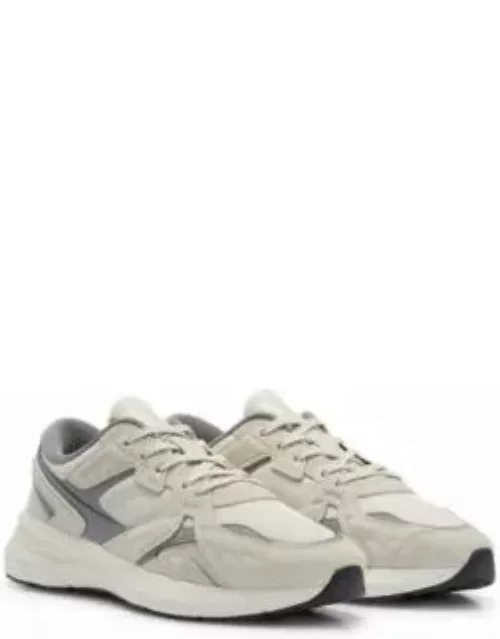 Mixed-material sneakers with suede and mesh- Light Beige Men's Sneaker