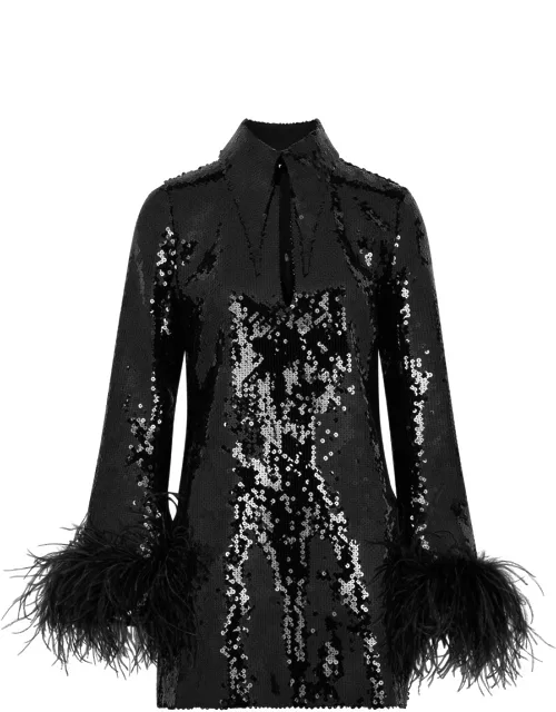16 Arlington Michelle Feather-trimmed Sequin Mini Dress - Black - 8 (UK8 / S)