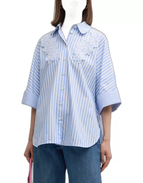 Flower-Applique 3/4-Sleeve Striped Cotton Collared Shirt