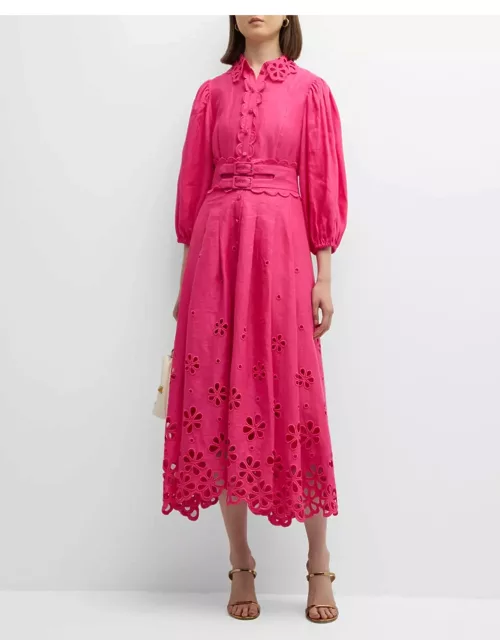 Belted Linen Midi Dress with Floral Cutout Detai