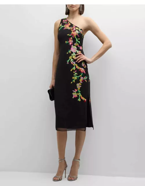 One-Shoulder Floral Sequin Midi Dres