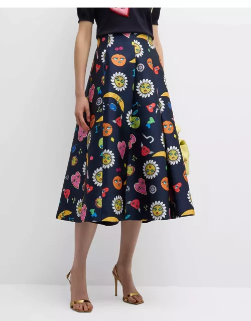 Mixed Emoji Inverted Pleated Midi Skirt