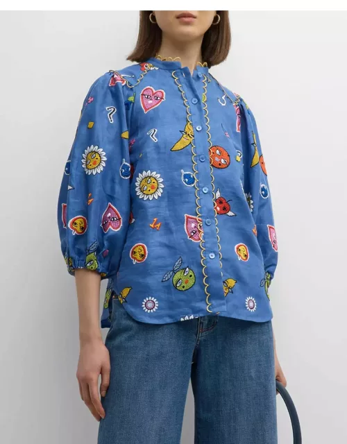 Mixed Emoji Embroidered Linen Shirt Jacket