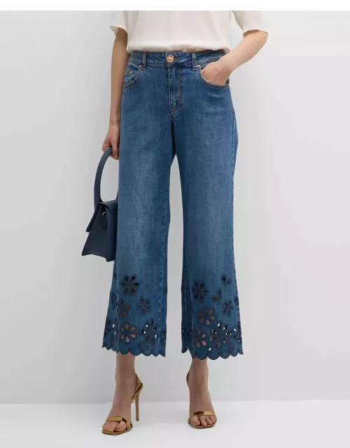 Cropped Wide-Leg Jeans with Floral Cut Out Detai