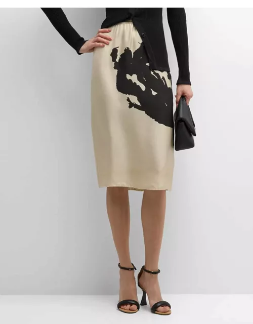 Abstract-Print Silk Pull-On Midi Skirt