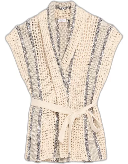 Open-Knit Long Net Cardigan with Paillette Detai