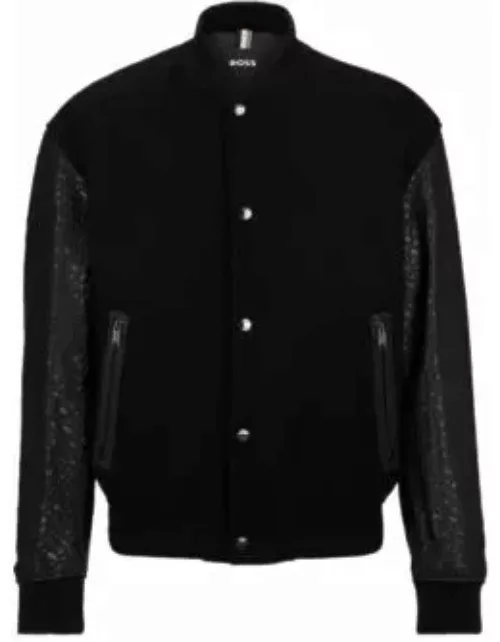 Varsity-style jacket with monogram-embossed leather sleeves- Black Men's Leather Jacket