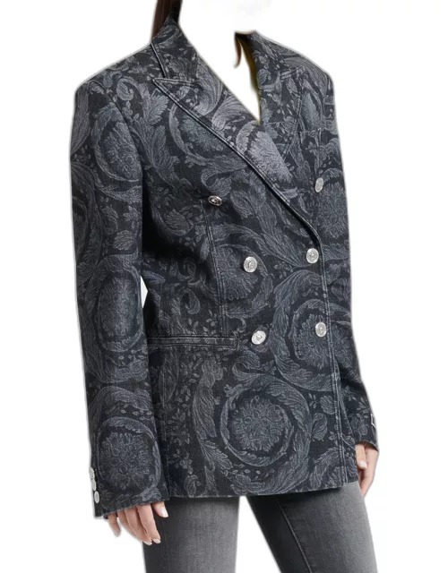 Double-Breasted Baroque Print Denim Jacket