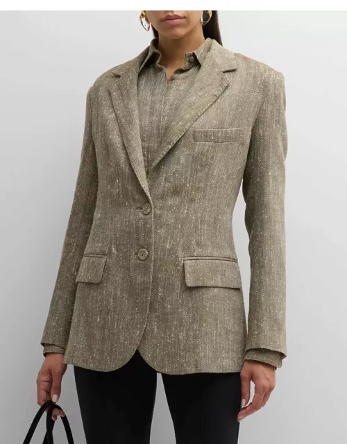 Linen-Silk Houndstooth Single-Breasted Blazer Jacket
