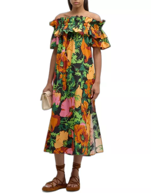 Breakfast Floral-Print Ruffle Off-The-Shoulder Midi Dres