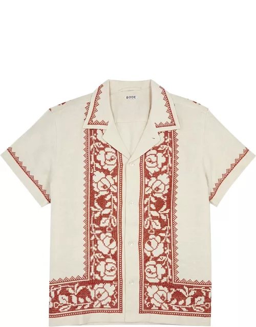 Bode Rose Garland Cross-stitched Linen Shirt - White