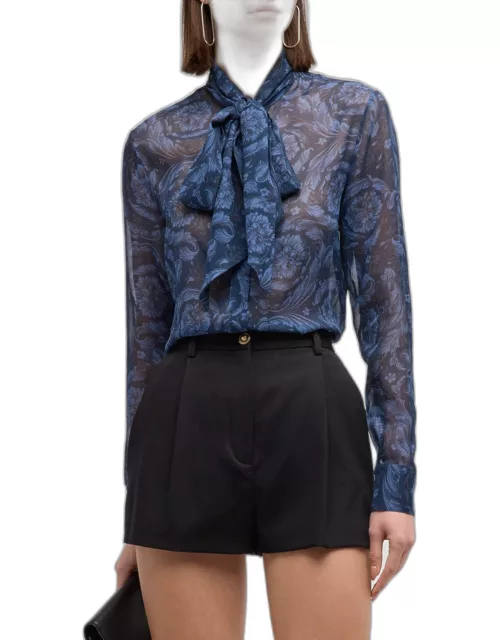Baroque-Print Neck-Tie Silk Georgette Informal Shirt