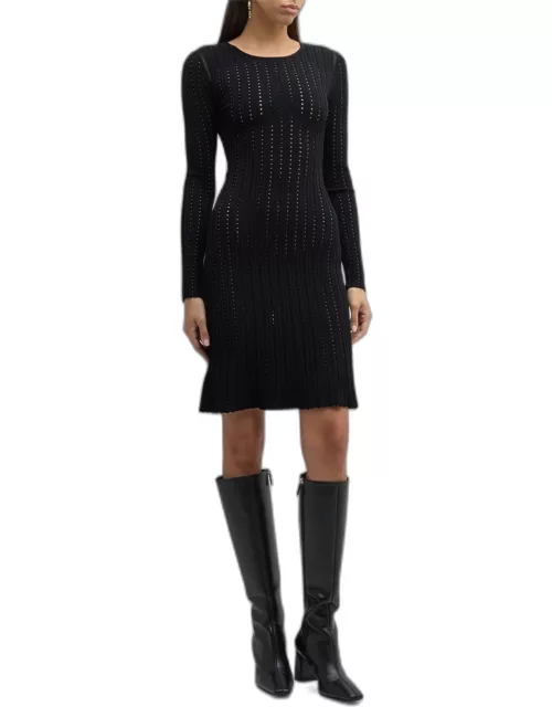 Long-Sleeve Pointelle Knit Sweater Dres