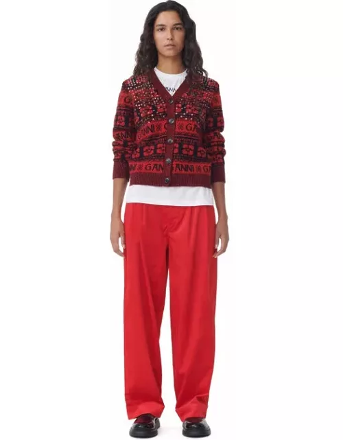 GANNI Red Shiny Corduroy Loose Pleat Trousers in High Risk Red