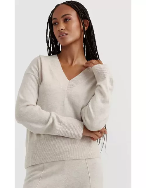 Light-Oatmeal Wool-Cashmere V-Neck Sweater