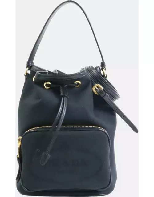 Prada Black Nylon Leather Duet Top Handle Bucket Bag