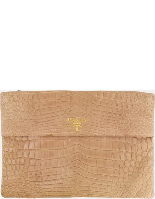 Prada Beige Crocodile Large Pouch Bag with Gold Hardware