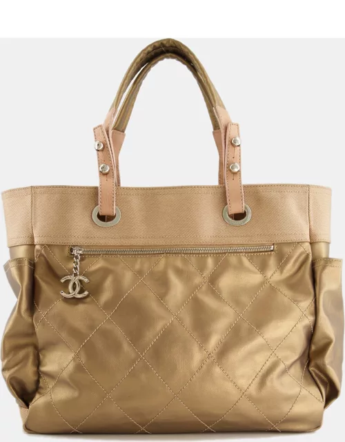 Chanel Vintage Bronze Canvas Shopper Tote Bag with Silver Hardware