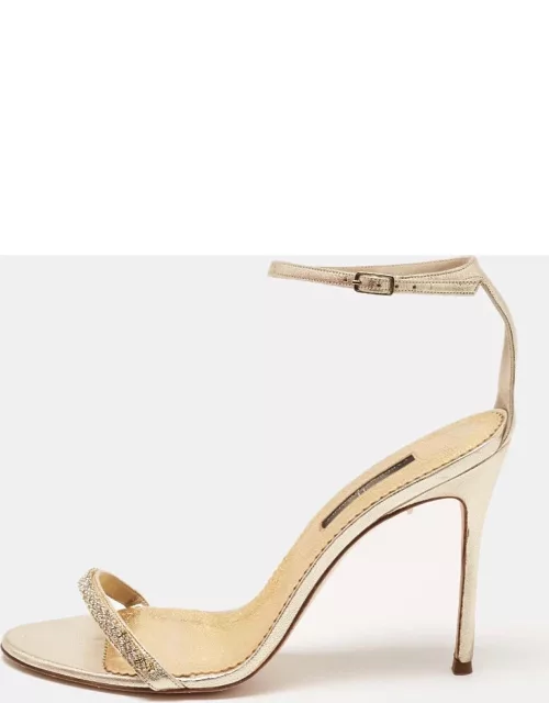 CH Carolina Herrera Gold Leather And Crystal Embellished Ankle Strap Sandal