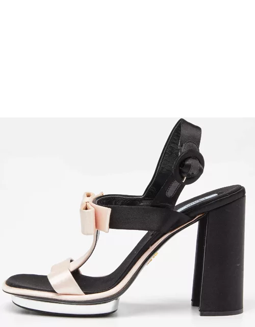 Prada Pink/Black Satin Bow T-Bar Ankle Strap Sandal