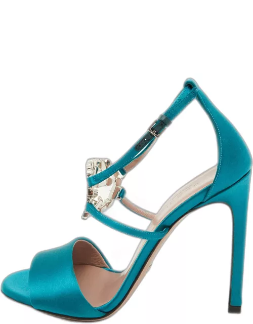 Gucci Teal Satin Crystal Embellished Interlocking G Ankle Strap Sandal