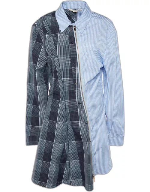 Stella McCartney Blue Plaid & Striped Mixed-Print Asymmetric-Zip Oxford Flippy Dress