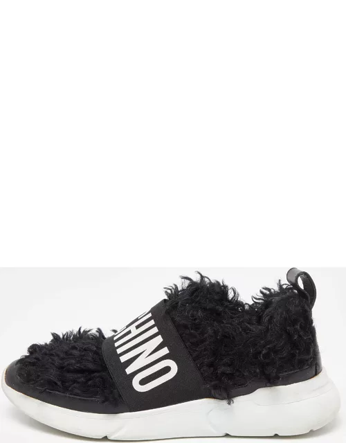 Moschino Black Leather and Faux Fur Logo Slip On Sneaker
