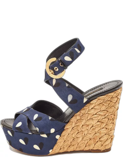 Louis Vuitton Navy Blue Printed Fabric Espadrille Wedge Ankle Wrap Sandal