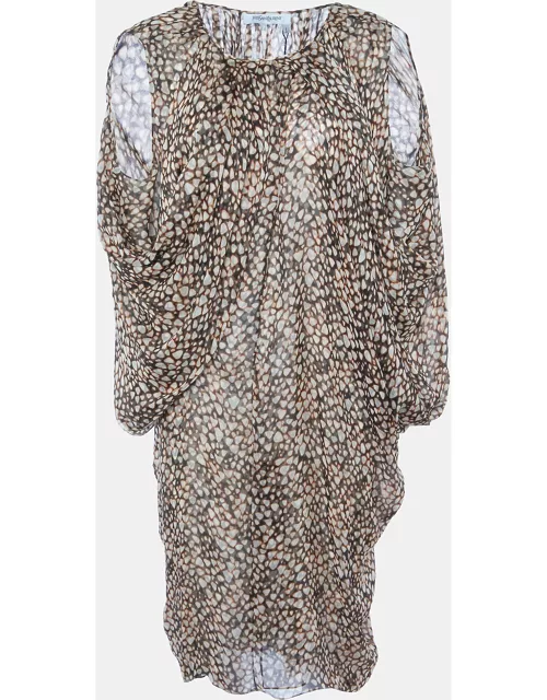 Yves Saint Laurent Brown Printed Silk Draped Midi Dress