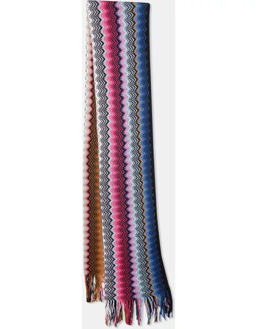 Missoni Multicolor Zig Zag Knit Cotton Knit Fringed Scarf