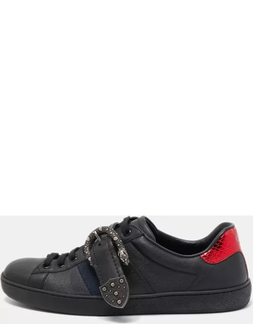 Gucci Black Leather And Python Trim Ace Dionysus Buckle Lace Up Sneaker