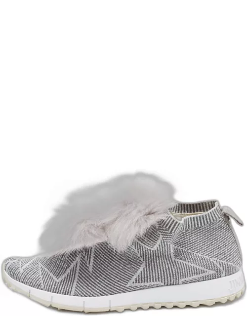 Jimmy Choo Grey Stretch Fabric Fur Embellished High Top Sneaker