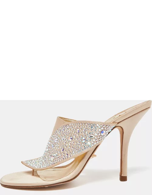 Gina Beige Satin Crystal Embellished Thong Sandal
