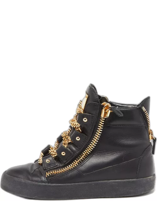 Giuseppe Zanotti Black Leather London Birel Chain Embellished High Top Sneaker