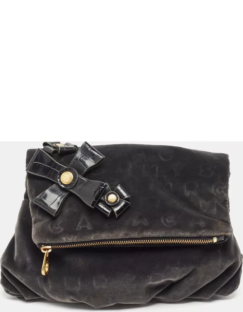 Marc by Marc Jacobs Grey/Black Velvet and Croc Embossed Leather Bow Fold Over Clutch