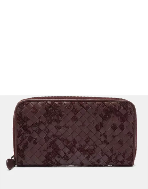 Bottega Veneta Burgundy Intrecciato Leather and Velvet Zip Around Wallet