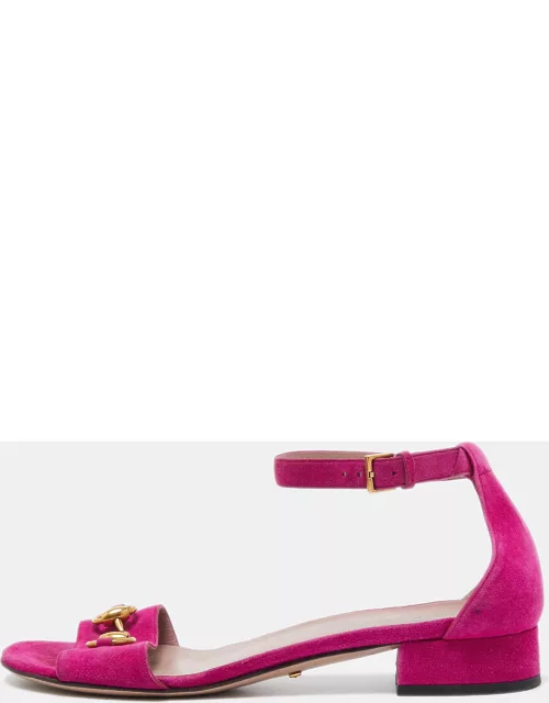 Gucci Pink Suede Horsebit Ankle Strap Flat Sandal