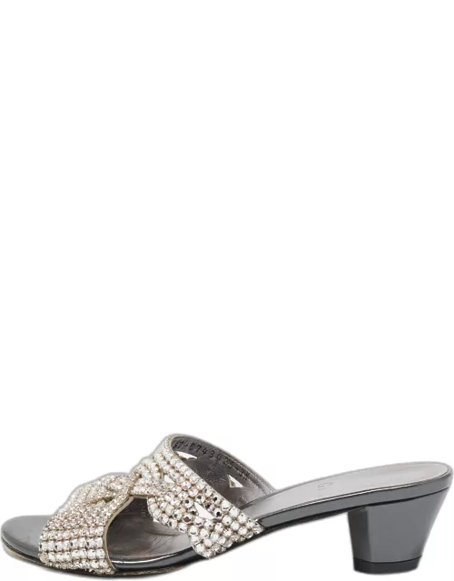 Gina Silver/Grey Crystal Embellished Leather Slide Sandal