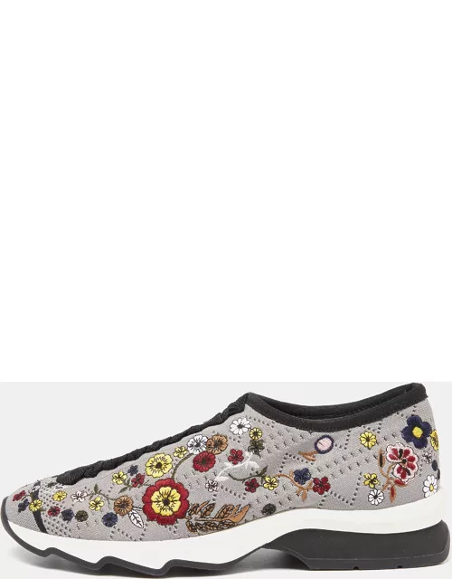 Fendi Grey Floral Embroidered Knit Fabric Slip On Sneaker