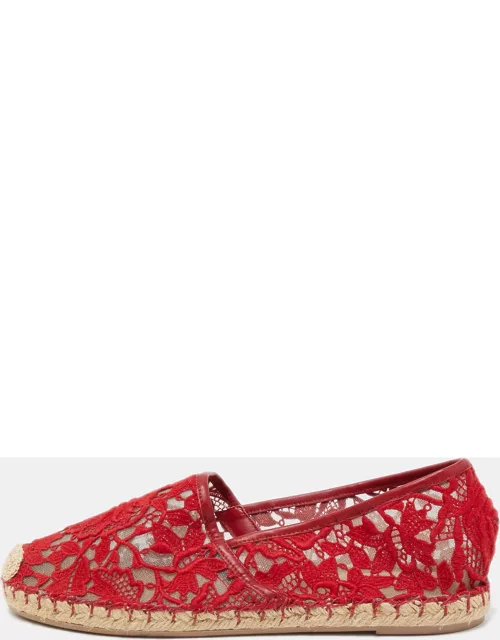 Valentino Red Floral Lace Espadrille Flat