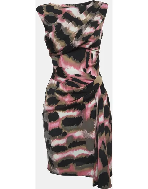 Diane Von Furstenberg Black/Pink Print Silk Draped Sleeveless Short Dress