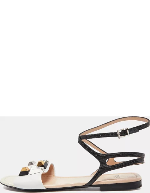 Fendi Tri Color Studded Leather and Lizard Embossed Flat Ankle Strap Sandal