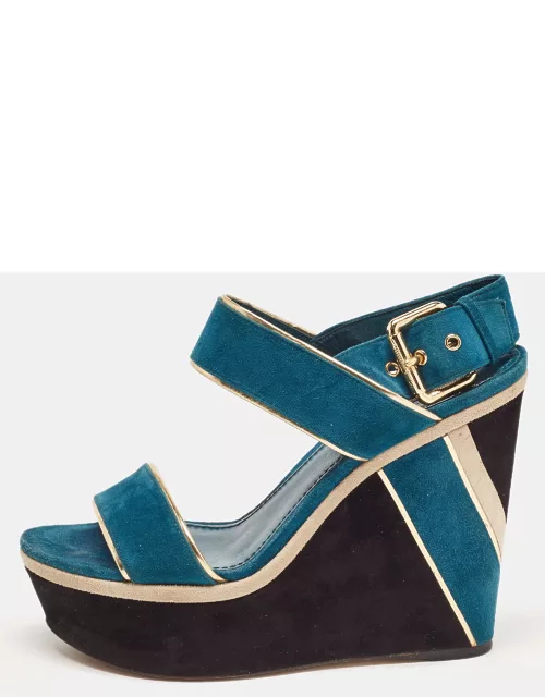 Louis Vuitton Gold/Blue Suede Wedge Platform Slingback Sandal
