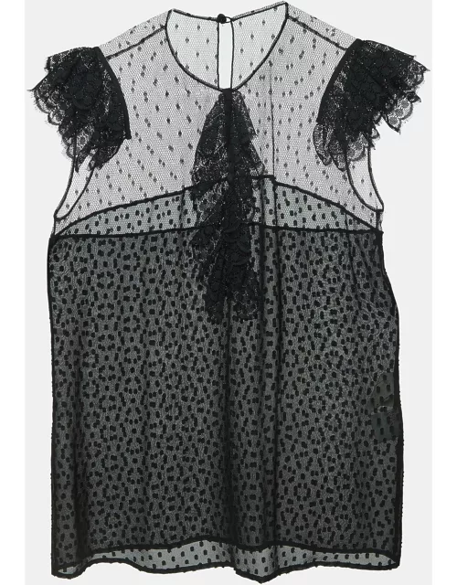 RED Valentino Black Dotted Chiffon Lace Trimmed Top